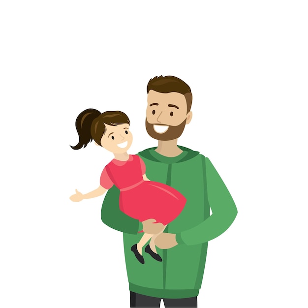 Father holds daughter in his arms isolated on white background cartoon vector illustration