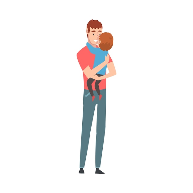 Vector father holds little son in his arms cartoon vector illustration