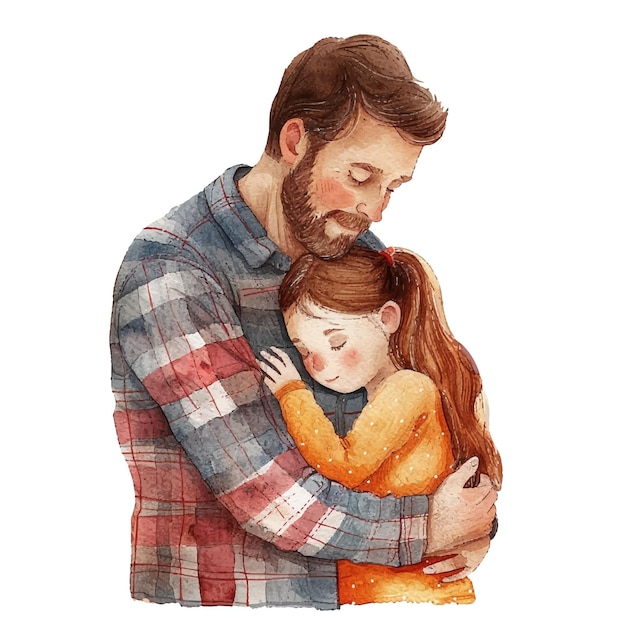 Father hugging daughter vector illustration in watercolour style