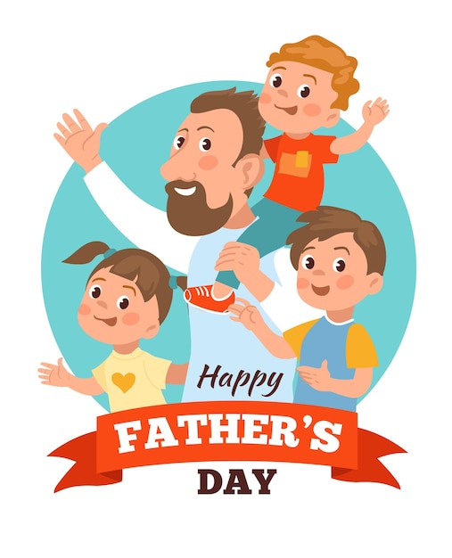 Father International holiday Daddy Day poster Cute children with dad Family pastime Brothers and sister Parent together with kids Happiness and love Greeting card Vector concept