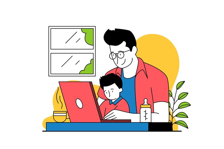 father is working while looking after the child
