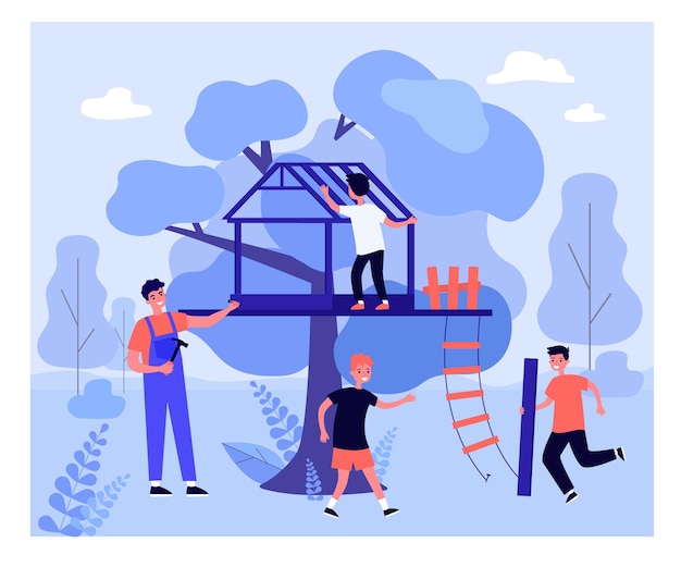 Vector father and kids building treehouse together. man holding hammer and nail, son carrying wooden plank flat vector illustration. family, outdoor activity concept for banner, website design, landing page