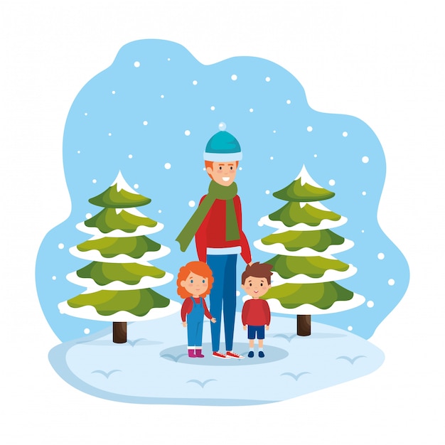 Padre e bambini nello snowscape