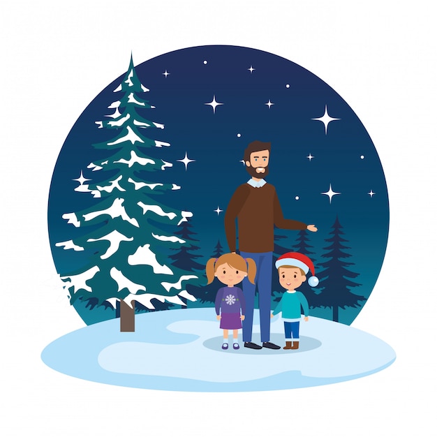 Father and kids with christmas clothes in snowscape