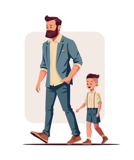 Vector father and little boy walking together dad taking son to school or kindergarten fatherhood happy family concept