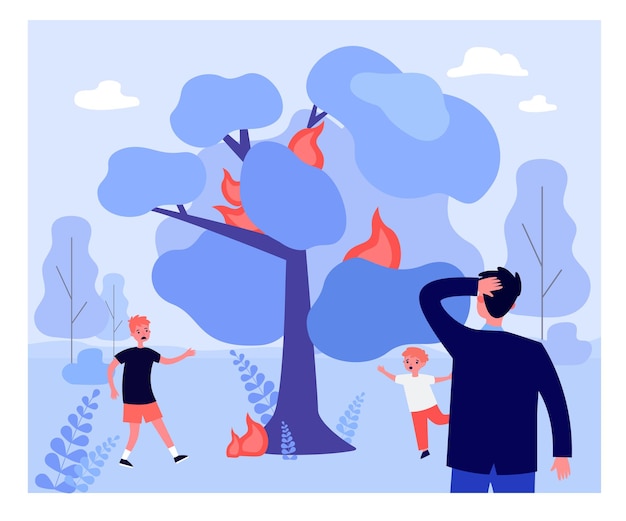 燃える木の下で怖がっている子供たちを見ている父。火の上の木から逃げる子供たち、頭を引っ掻く男フラットベクトルイラスト。山火事、バナーやウェブサイトのデザインのためのエコロジーの概念