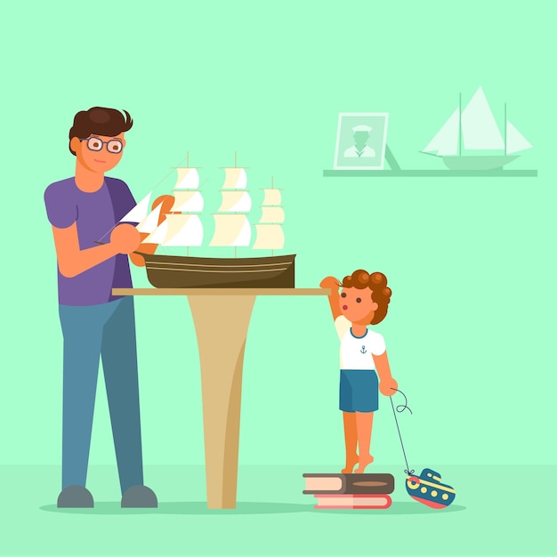 Father making model of sailboat and his son watching him vector illustration in flat style scale mod