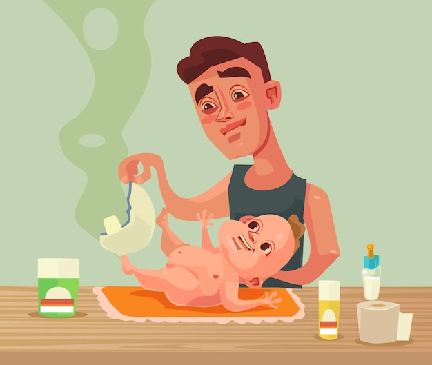 Vector father man character changes baby diaper.