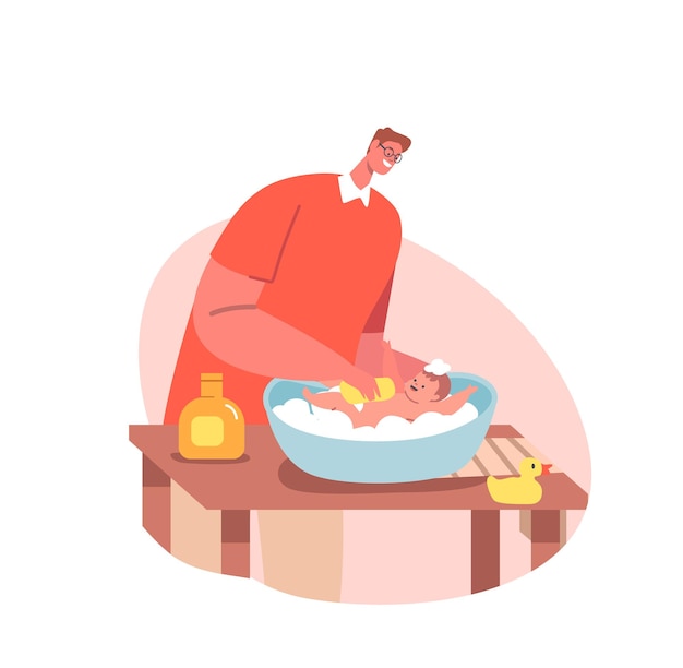 father on maternity leave washing newborn baby in bath tub loving dad character care of infant lathering with foam