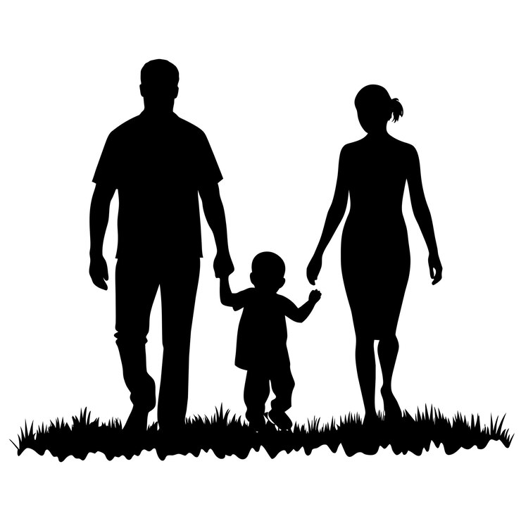 Vector a father mother and child walking on the grass enjoying a happy family moment