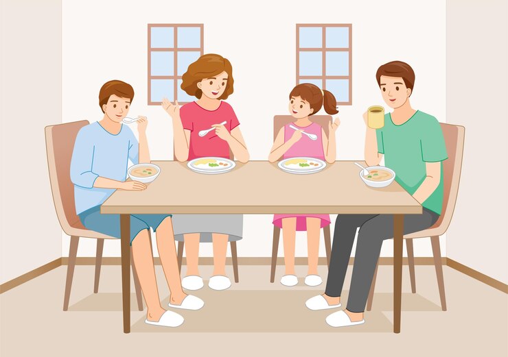 Vector 아버지 와 어머니 가 아들 과 딸 과 함께 음식 을 먹는 것