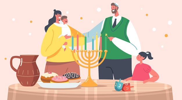 유대인의 빛 축제인 하누카를 축하하는 아버지, 어머니, 아이들. 아빠는 전통적인 메노라에 Kippah 조명 양초를 착용합니다. 집에서 이스라엘 휴일 축하. 만화 사람들 벡터 일러스트 레이 션