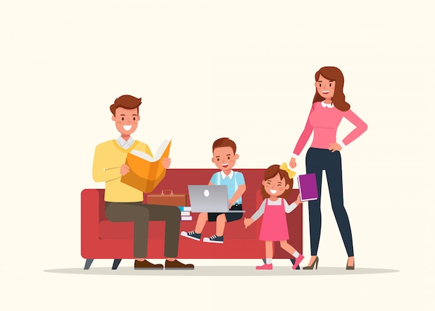 Vector father and mother reading a book with children.