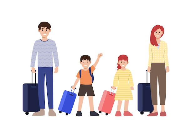 Вектор Отец, мать, сын и дочь с багажом, векторная иллюстрация семейного путешествия