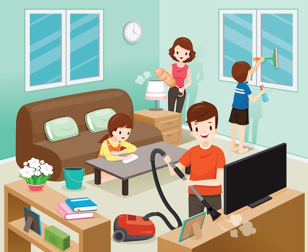 Vector father, mother, son and daughter cleaning home together