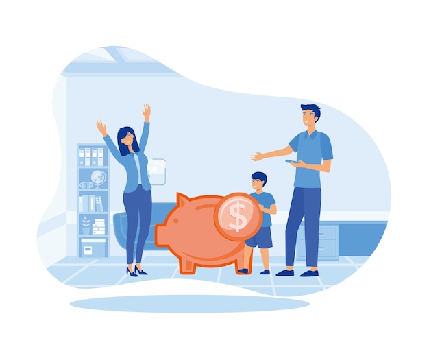 Vector father and mother teach children to save money saving money home budget financial management flat vector modern illustration