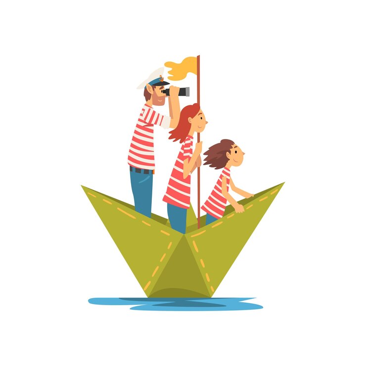 Vector father mother and their child in red white striped tshirts boating on river lake or pond family paper boat vector illustration on white background