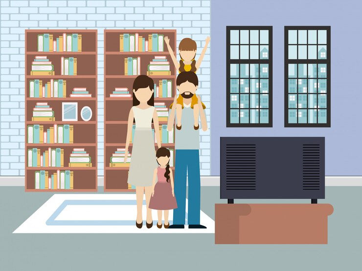Vector father and mother with daughters 
