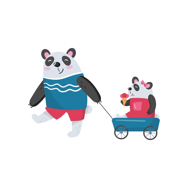 Вектор Отец панда тянет свою девочку в игрушечной тележке ребенок ест мороженое счастливая семья гуманизированные животные в человеческой одежде концепция отцовства плоский векторный дизайн