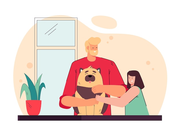 Father presenting pet to his daughter. Man and his child petting dog flat illustration