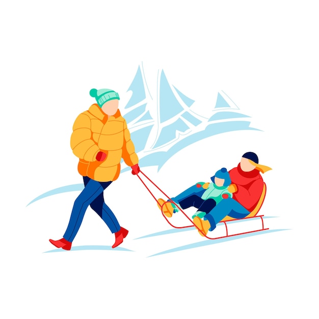 Vector father pulling sled with children sitting on it