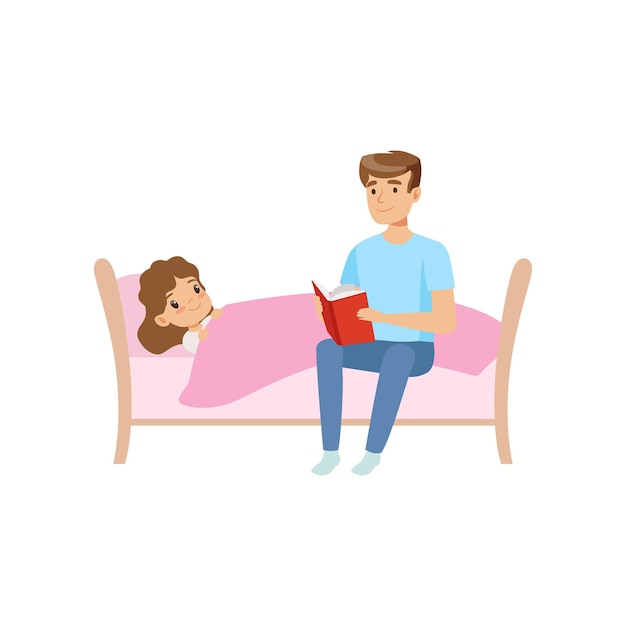 Father reading bedtime story for his daughter who is falling asleep at night vector illustration on