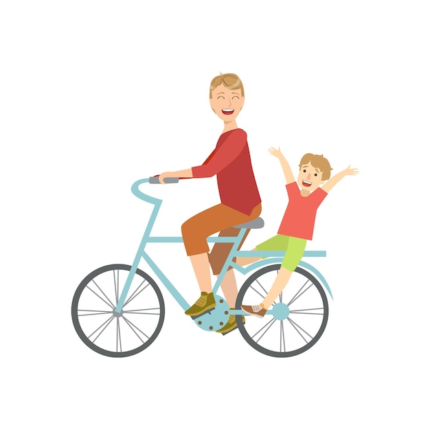 Father riding a bicycle with his kid on the back