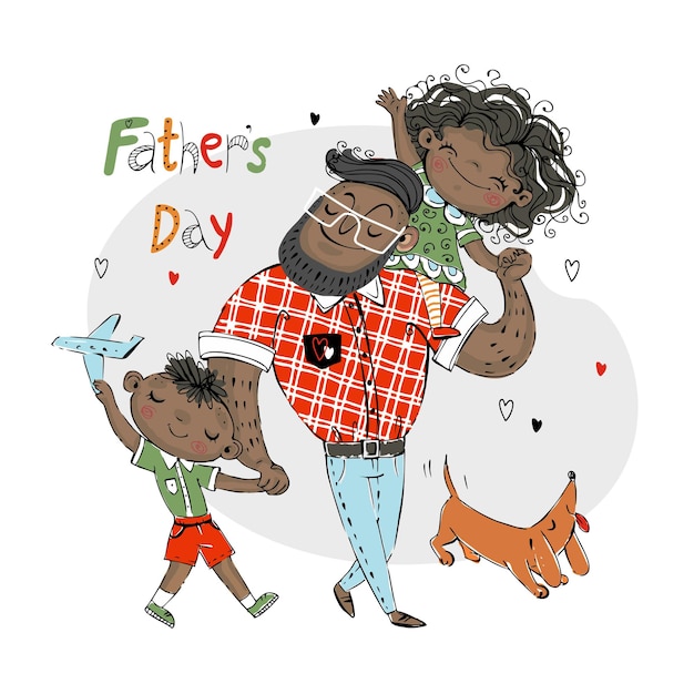 Vector father's day card for the holiday. a father with a daughter with a son and a pet dog with a red dachshund. dark skin color.vector
