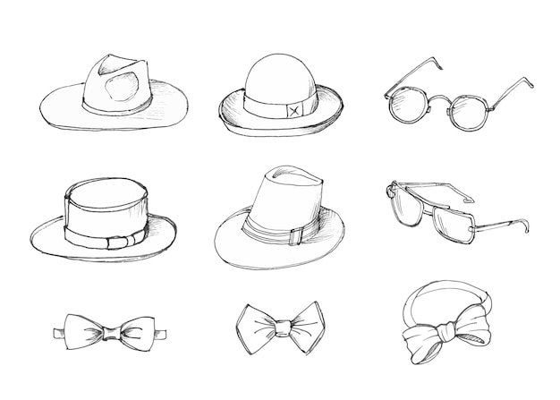 Father's Day collection of hand drawings of male accessories on white background Hats glasses bow ties Vector illustration