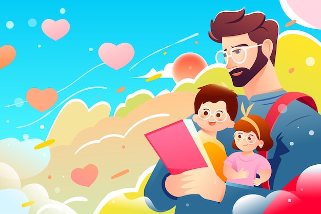 Father's day dad hugging his son with plants and sky in the background vector illustration