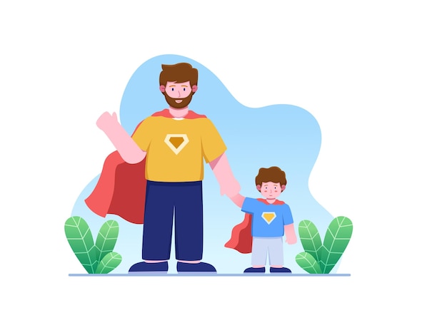 Плоская иллюстрация ко Дню отца с папой и сыном в костюме супергероя