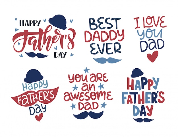 Insieme dell'illustrazione di festa di festa del papà. citazione di celebrazione lettering disegnati a mano con i baffi.