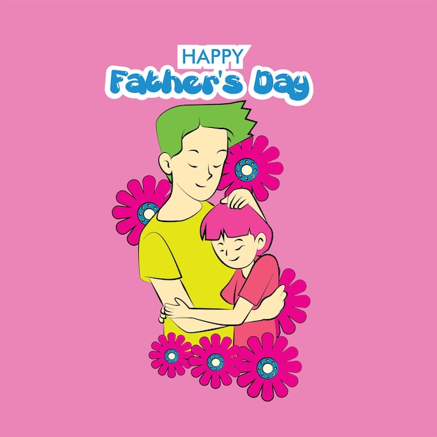 father's day illustration with dad hug baby and floral frame