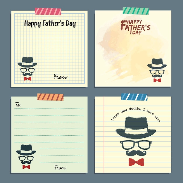 Vector father's day memo notes template set vintage retro hipster notepaper design with tape