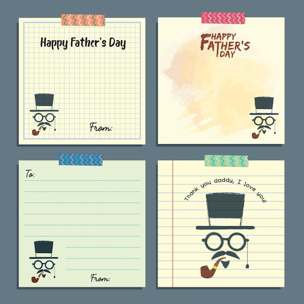 Vector father's day memo notes template set vintage retro hipster notepaper design with tape