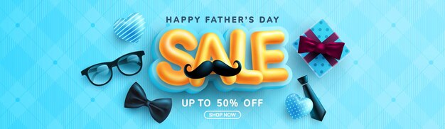 Vector father's day sale banner template with necktie, glasses and gift box on blue