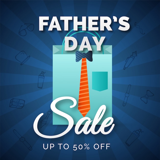 Vector father's day text with shopping back and sale upto 50% off offer on blue rays background.