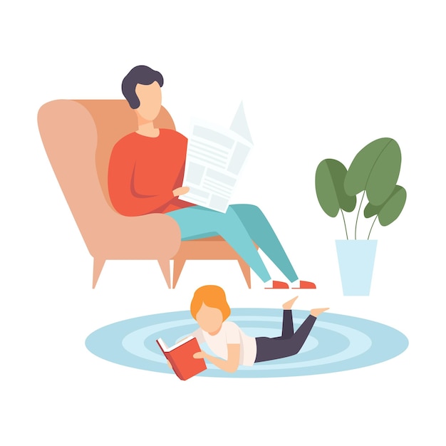 Vector father sitting in armchair and reading newspaper his little son lying on floor on his stomach and reading book family in everyday life at home vector illustration on white background