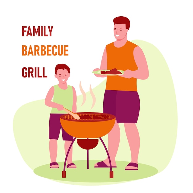 Father and son are preparing a barbecue grill family picnic party outdoor food