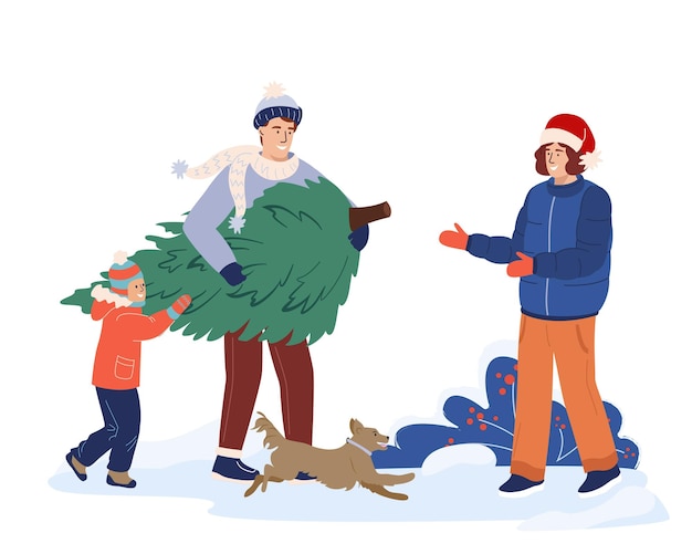 father and son are pulling christmas tree to home preparing for the winter christmas holiday vector