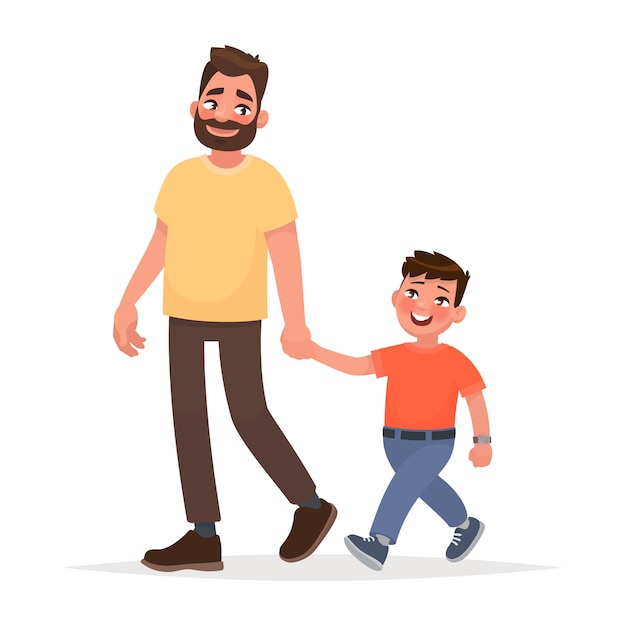 Father and son are walking together. Vector illustration in cartoon style