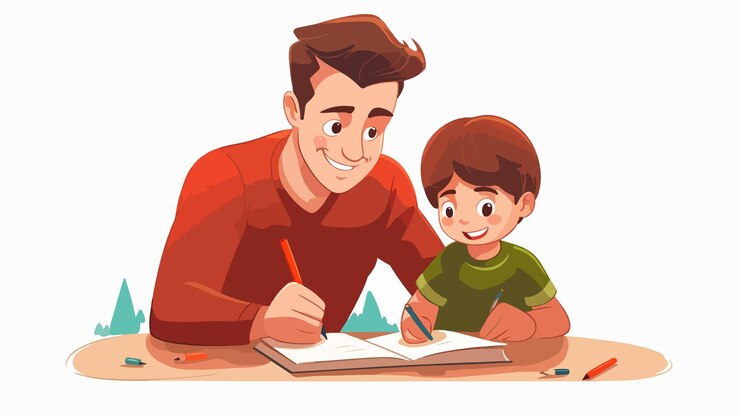 Vector father and son drawing together with crayons family bonding activity