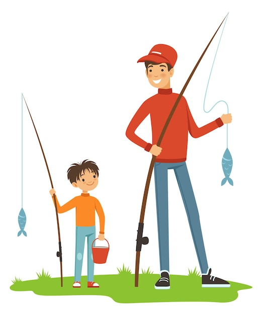 Vector father and son fishing together summer family activity