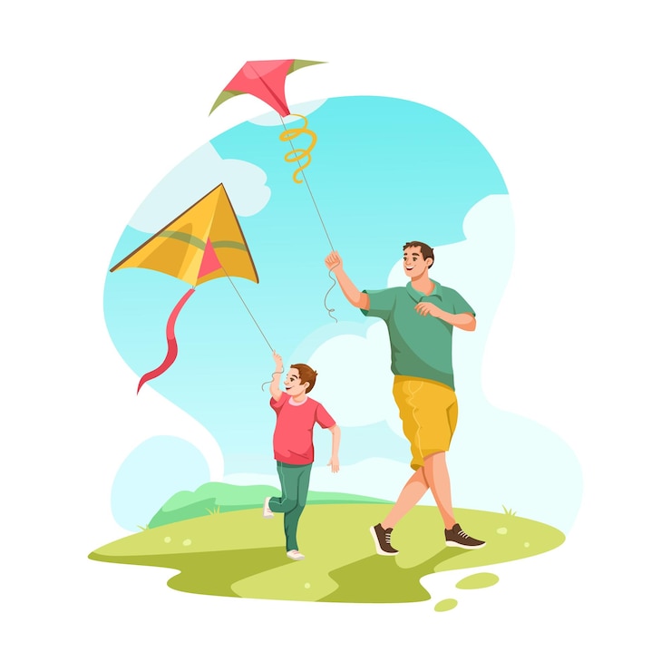 Vector father and son flying kites in the park vector illustration
