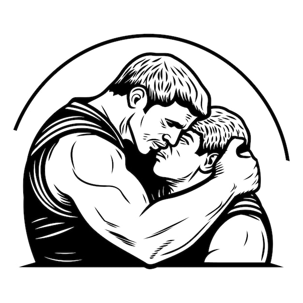 Father and son hugging each other black and white vector illustration