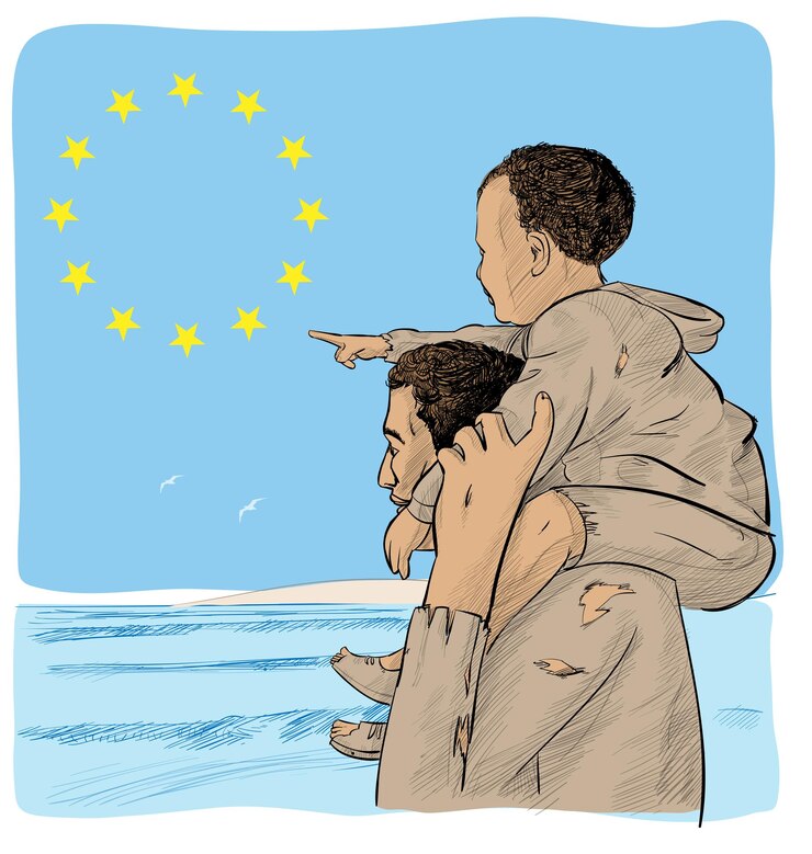 Vector father and son immigrants in front of the european flag