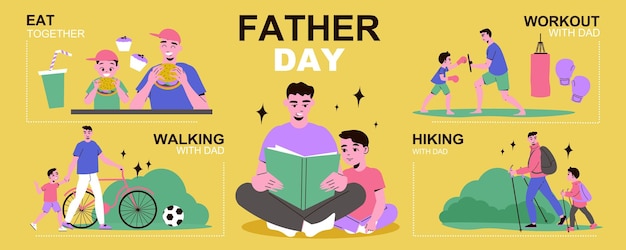 Инфографика отца и сына с едой вместе, ходьбой, походами и тренировками с описанием папы векторная иллюстрация