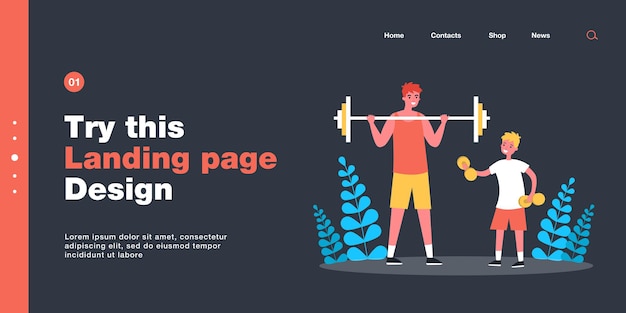 Father and son lifting weights together. Adult with barbell, little boy with dumbbells flat vector illustration. Family fitness, healthy lifestyle concept for banner, website design or landing page