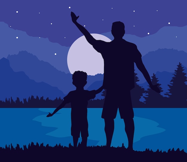 Vector father and son at night