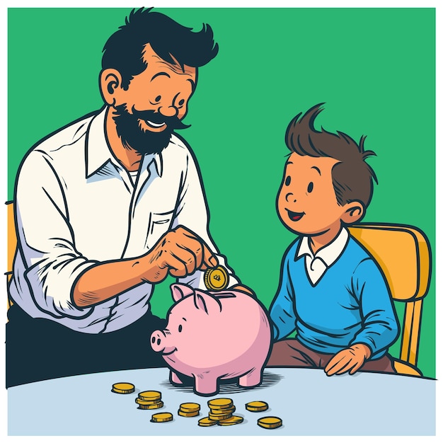 father son and piggy bank